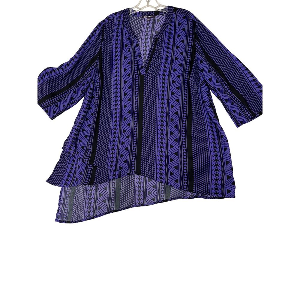 NWOT Romans 20W V-Neck Purple Black Geometric Print Tunic Top With 3/4  Roll Sle
